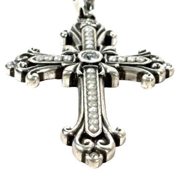 Brighton Large Cross Necklace Swarovski Crystals Pearl Pendant Long Silver Chain - Picture 6 of 13